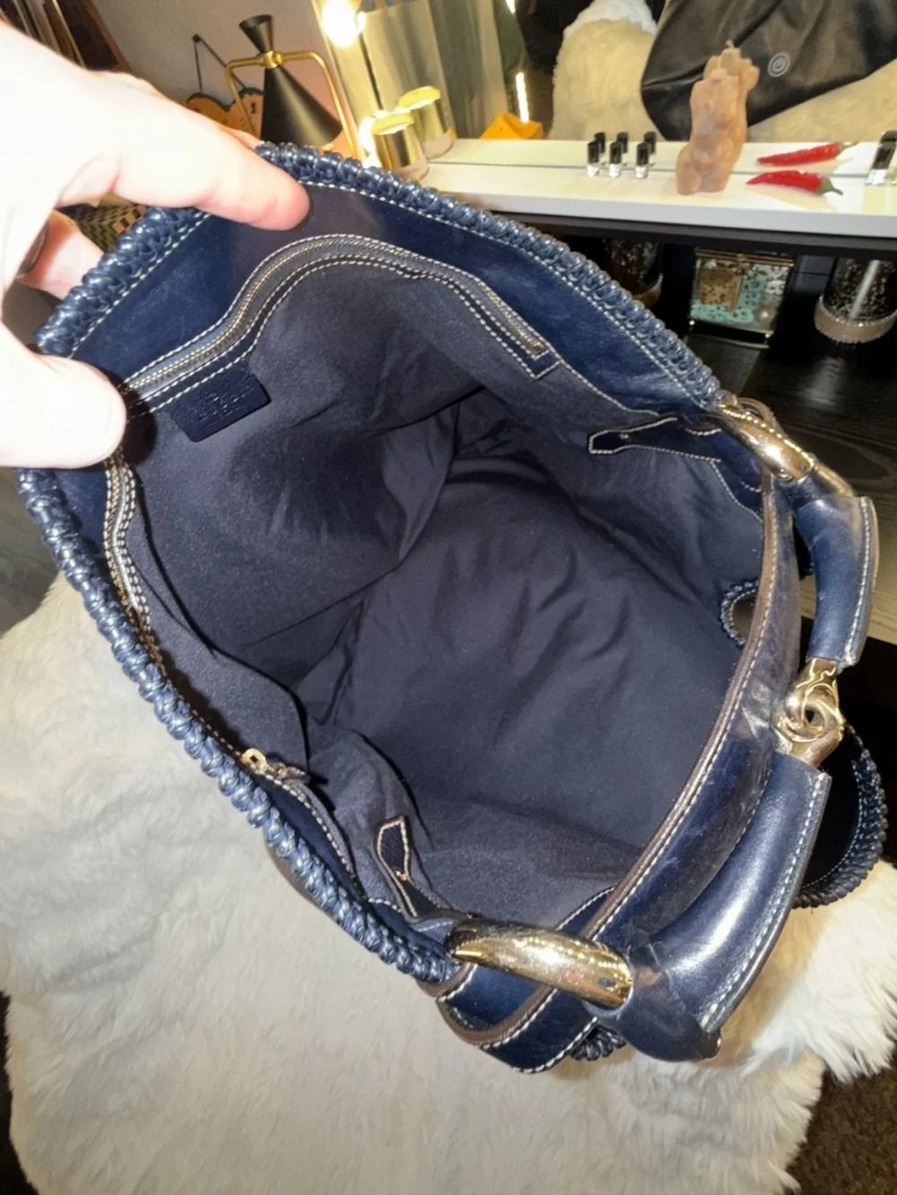 Gucci Navy Blue Horsebit Hobo Women’s Leather Hobo Bag with Gold Tone Hardware